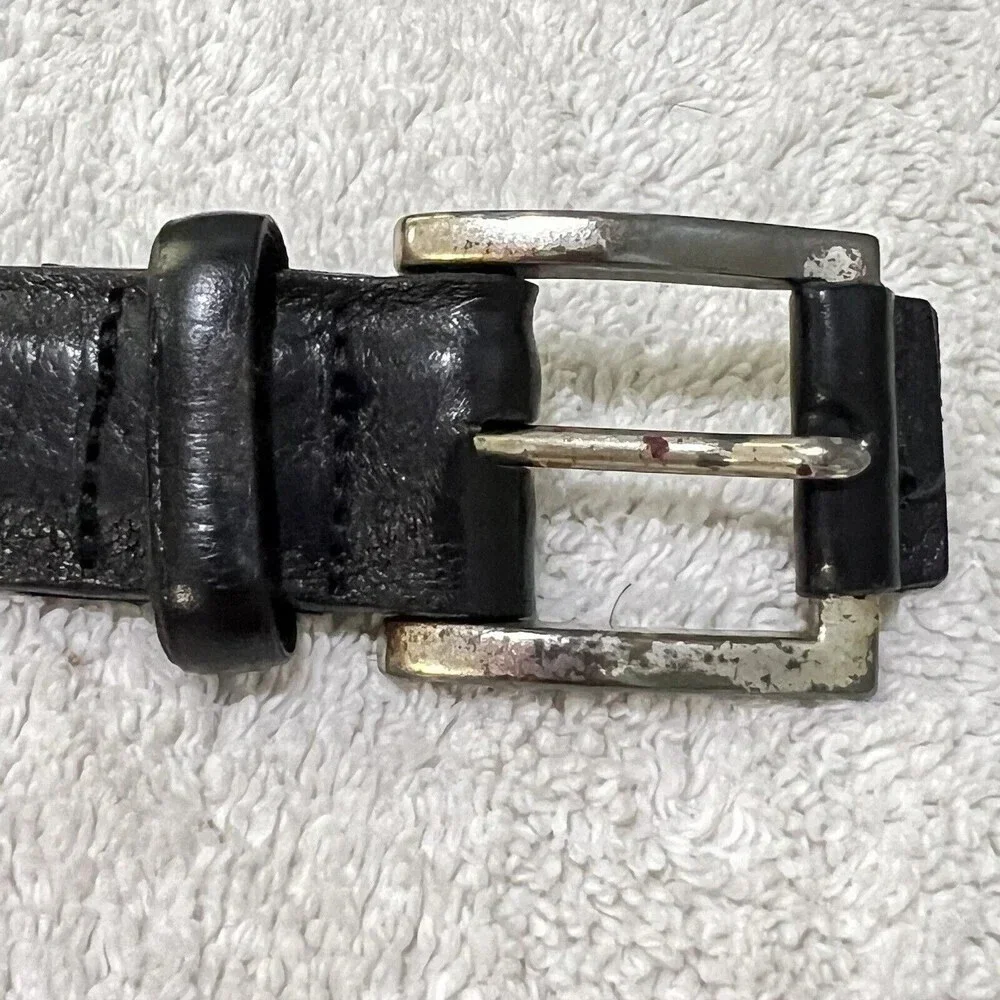 Mens Black Thick Leather Belt 36 Silver Buckle 1”Vintage Classic Grunge Goth